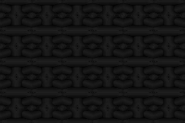 istock Embossed black background, ethnic cover design. Creative fractal 3D drawing from lines and shapes, press paper, leather. Motives of the East, Asia, India, Mexico, Aztecs. Geometric style. 1478007838