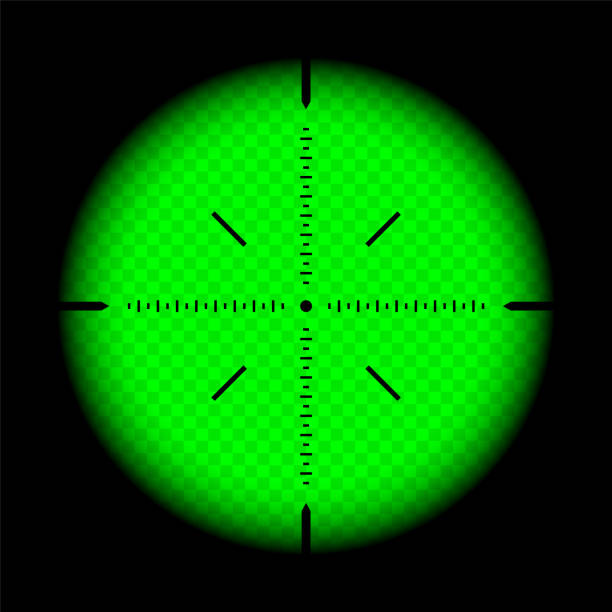 ilustrações, clipart, desenhos animados e ícones de mira noturna de armas, mira óptica de rifle sniper. vislumbrador de armas de caça com mira. mire, marca de tiro símbolo. sinal de alvo militar, silhueta. elemento de interface de jogo interface ui. ilustração vetorial - crosshair gun rifle sight aiming