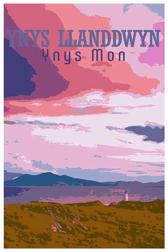 Nostalgic retro travel poster of the Llanddwyn lighthouse, Anglesey, Wales in the style of Work Projects Administration.