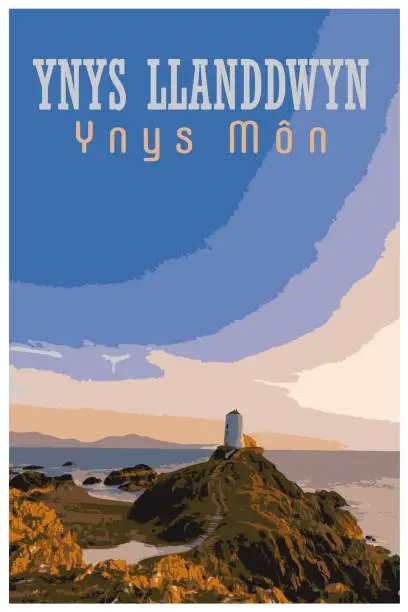 Vector illustration of WPA inspired retro travel poster of Ynys Llanddwyn, Ynys Mon.