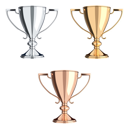 Set of trophies gold, silver, bronze. Trophy cup isolated on white background. Graphic design element. Victory, best product, service, employee, 1 place concept. 3D illustration