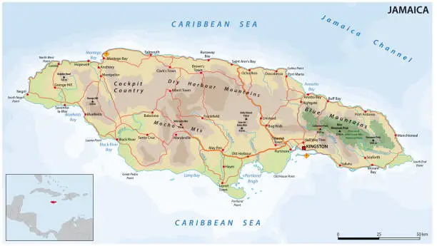 Vector illustration of Vector road map of the Caribbean island nation of Jamaica