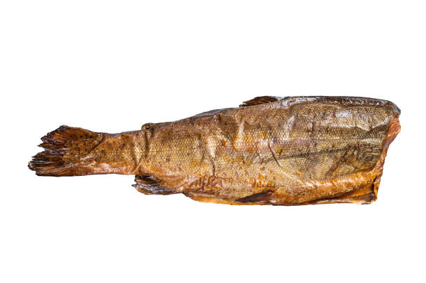 Hot smoked rainbow river trout headless.  Isolated on white background
