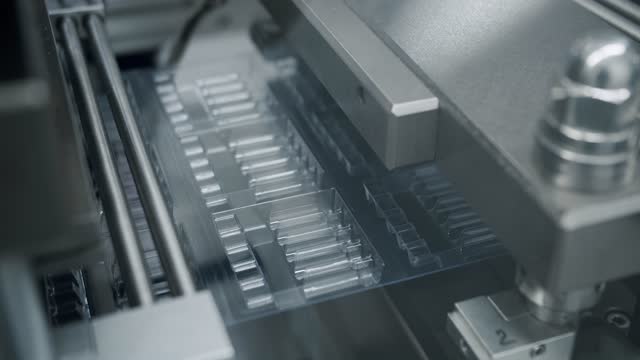 Medical ampoules on conveyor belt. Pharmaceutical vials on production line.
