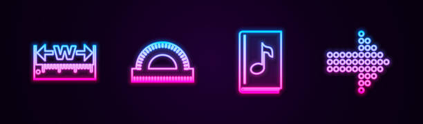 istock Set line Measuring height and length, Protractor grid, Audio book and Dots arrow. Glowing neon icon. Vector 1478014966