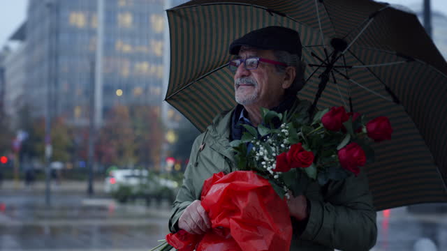 Portrait of Middle-Aged Man Standing in the Street Under the Rain, Holding an Umbrella and a Red Roses Bouquet. Senior Man Waiting For his Date to Celebrate Valentine's Day, Gifting her Flowers