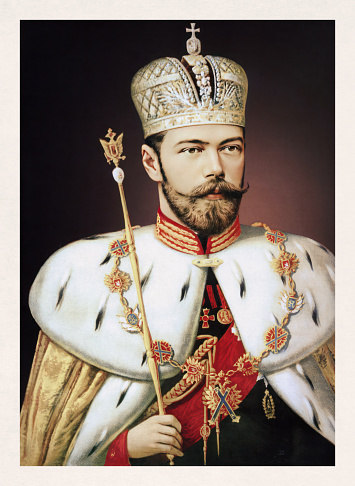 Portrait of Nicholas II of Russia in his coronation robe with Imperial Crown and Sceptre painted in 1896 by Aleksandr Makovsky.