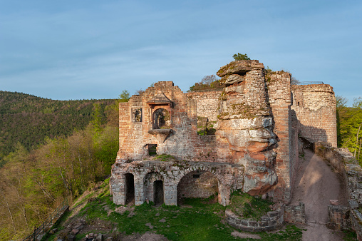 View to ruins of Neuscharfeneck Castle in Palatinate Forest Nature Park. Flemingen in Rhineland-Palatinate in Germany
