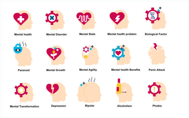 mental health Types of mental disorders, Vector illustrations of people with different mental disorders icon set flat vector illustration. dissociative identity disorder stock illustrations