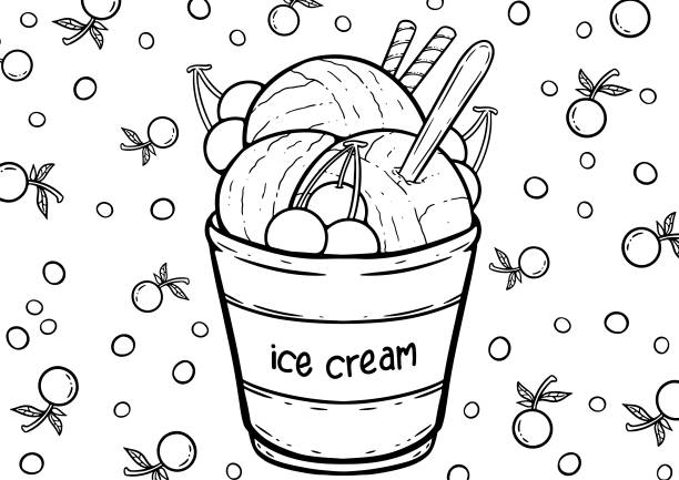 A Digital Line Art Illustration of Delicious, Sweet Ice Cream for Coloring Book - Page A digital line art drawing of popular sweet dessert. A cute and adorable cartoon illustration of ice cream as coloring book or page. A fun activity for the whole family. frozen coloring pages stock illustrations