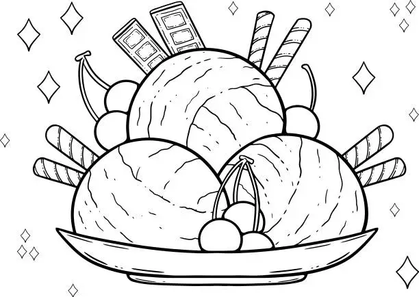 Vector illustration of A Digital Line Art Illustration of Delicious, Sweet Ice Cream for Coloring Book - Page