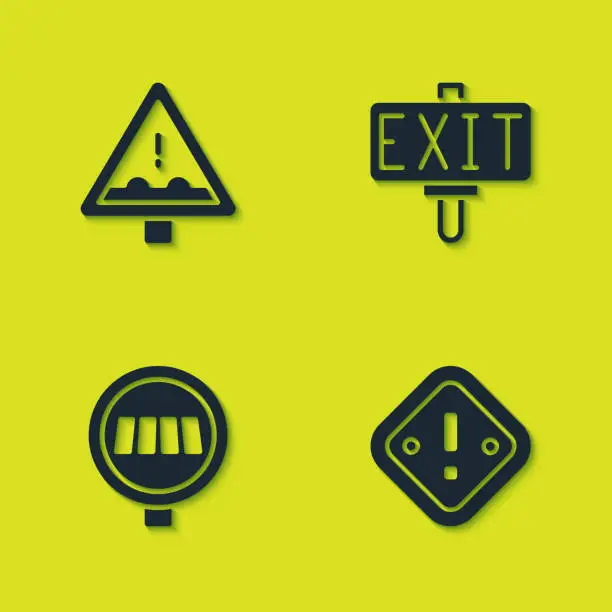 Vector illustration of Set Uneven road ahead sign, Exclamation mark in triangle, Pedestrian crosswalk and Fire exit icon. Vector