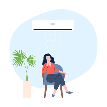 Air conditioner concept. Woman sitting on chair at comfort climatic at home. Cooling or heating room, ventilation. Cartoon flat girl rest recent vector scene air conditioner cooling illustration