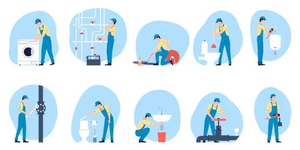 Vector illustration of Plumbers working, repair pipes and toilet. Technician in bathroom, plumbing and construction. Handyman service, flat professionals recent vector characters