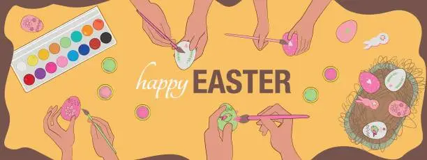 Vector illustration of Easter Header or Banner Design with Brush, eggs and paint tubes on table.