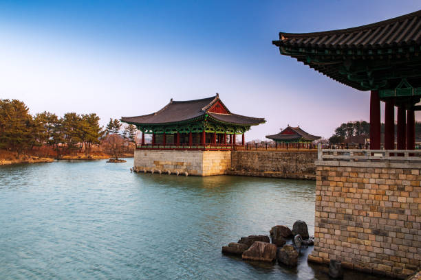 Donggung Palace and Wolji Pond in Banwolseong palace at sunset, Gyeongju, South Korea. stock photo