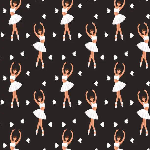 Vector illustration of Seamless pattern of a faceless dancing ballerina silhouette with the butterfly on black background.