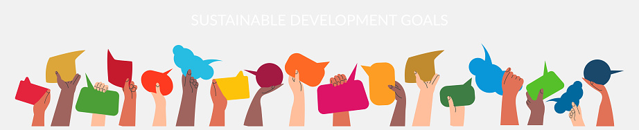SDGs 17 development goals environment. People's hands exchange ideas and holding speech bubble with vote and comment. Voters cooperation and communicate. Diversity group vector illustration