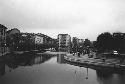 Milano Darsena in a Cloudy Winter Day. Lombardia, Italy. Film Photography