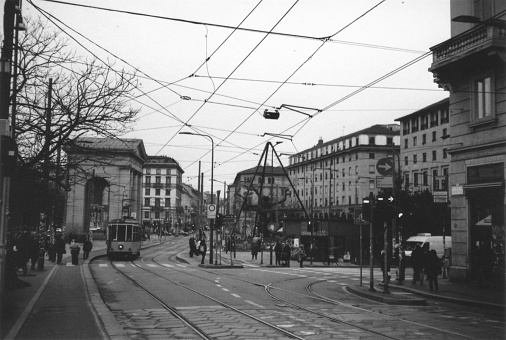 Cityscape of Milano Old Town. Milano Navigli, Italy. Black and White Film Photography