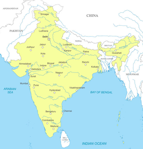 ilustraciones, imágenes clip art, dibujos animados e iconos de stock de mapa político de la india con fronteras nacionales - india map cartography sri lanka