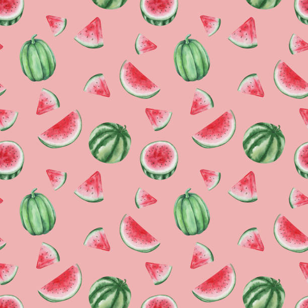 ilustrações de stock, clip art, desenhos animados e ícones de watercolor seamless pattern. hand painted illustration of green, red watermelon with black seeds cut in half, sliced. summer fruits, sweet berry. print on pink background for fabric textile, packaging - red backgrounds watercolor painting striped