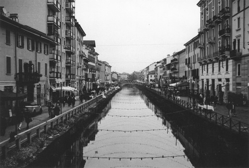 Milano Old Town Cityscape in a Cloudy Winter Day. Milano Navigli, Italy. Film Photography