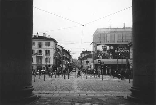 Beautiful Milano Navigli Cityscape in a Cloudy Day. Lombardy, Italy. Black and White Film Photography