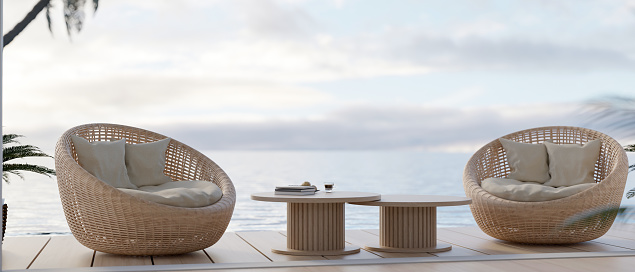 Round wicker beach chairs and minimal wooden coffee table on patio by the pool with sky view. vacation and holiday concept. 3d render, 3d illustration