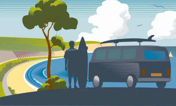 Vector illustration of Coastal Scene with Surfer Van