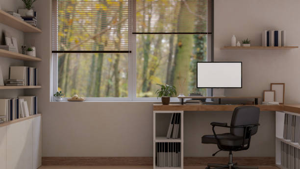 istock Modern contemporary home office interior design with computer mockup on a table 1478025863