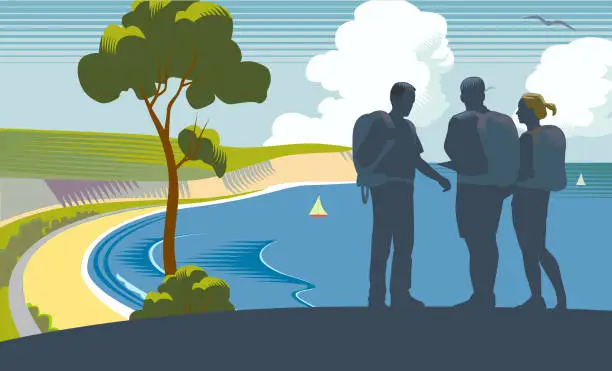 Vector illustration of Coastal Scene with Hikers