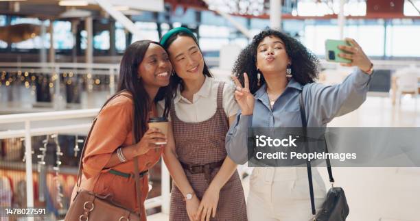 Selfie Friends And Social Media With Woman Together Posing For A Photograph In A Mall Or Shopping Center Phone Social Media And Smile With A Happy Female Friend Group Taking A Picture For Fun Stock Photo - Download Image Now