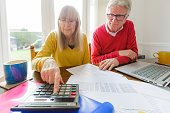 Senior couple checking financial documents at home