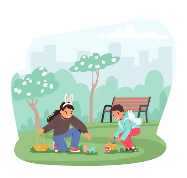Vector illustration of Kids Excitedly Scour A Park For Eggs With Basket In Hand. Colorful Eggs Are Hidden Amidst Trees And Grass Illustration
