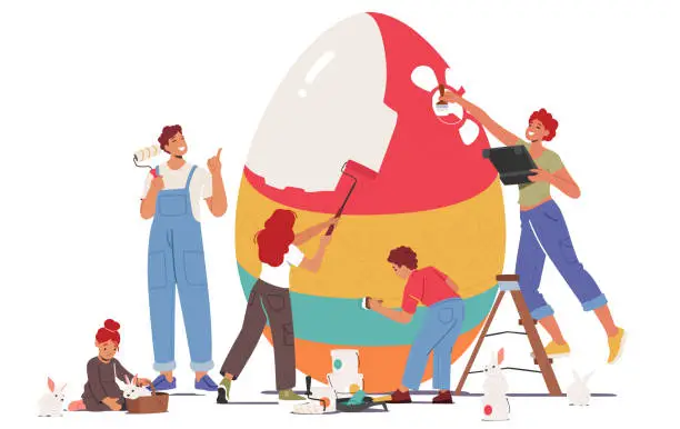 Vector illustration of Happy Family Prepare For Easter Celebration. Tiny Parents And Children Girls And Boy Painting Huge Egg