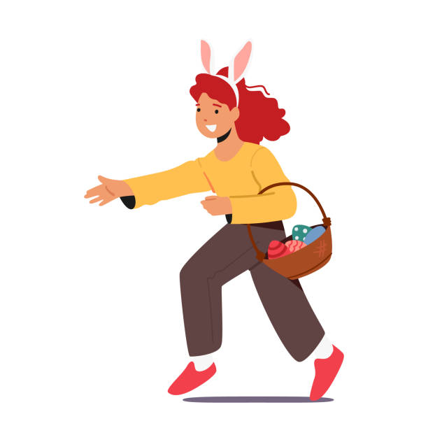 イースターの祝祭のコンセプトの喜びと楽しさ。バニーの耳を着たかわいい女の子のキャラクターがイースターエッグでいっぱいのバスケットを持って走る - easter easter bunny fun humor点のイラスト素材／クリップアート素材／マンガ素材／アイコン素材
