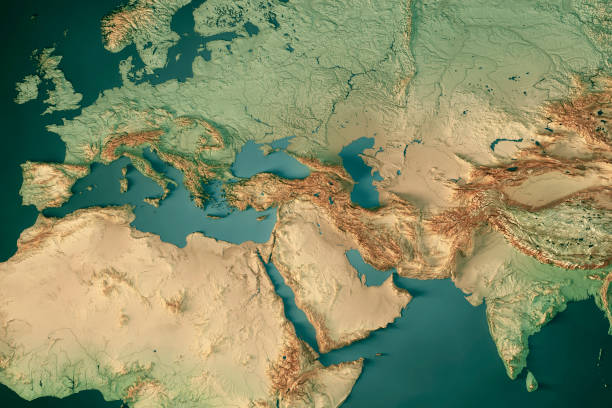 europa india oriente medio 3d render mapa topográfico color océano oscuro - middle east fotografías e imágenes de stock