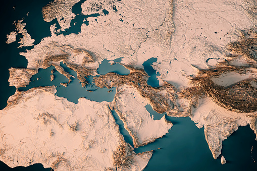 3D Render of a Topographic Map of Europe, India and Middle East. 
All source data is in the public domain.
Color and Water texture: Made with Natural Earth. 
http://www.naturalearthdata.com/downloads/10m-raster-data/10m-cross-blend-hypso/
http://www.naturalearthdata.com/downloads/110m-physical-vectors/
Relief texture: GMTED 2010 data courtesy of USGS. URL of source image: 
https://topotools.cr.usgs.gov/gmted_viewer/viewer.htm
