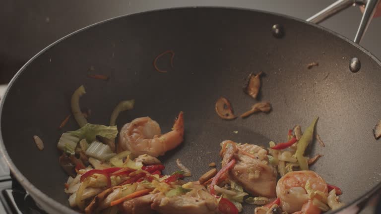 Cooking chicken in a pan in the kitchen. Gastronomie concept delicious food.