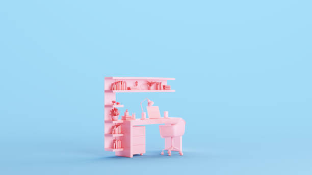 istock Pink Office Modern Desk Drawers Chair Bookshelf Studio Space Workplace Remote Working Work Kitsch Blue Background Quarter View 1478035035