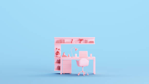 Pink Office Modern Desk Drawers Chair Bookshelf Studio Space Workplace Remote Working Work Kitsch Blue Background Front View