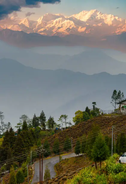 Landscape View of Kangchenjunga, also spelled Kanchenjunga, the third-highest mountain in the world with Cityscape.