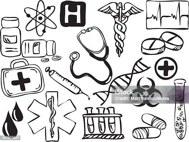 Медицинские И Фармацевтические Значки — стоковая векторная графика и другие изображения на тему Аптека - Аптека, Атом, Без людей