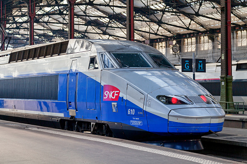 Paris, France - March 21 2019: TGV Atlantique at Gare de Lyon ready for departure.