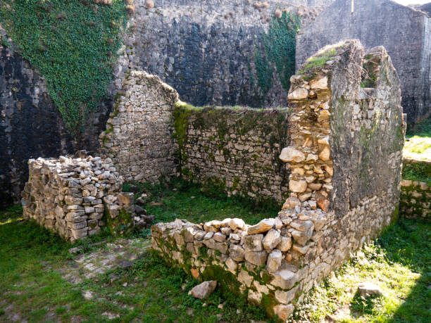 The ruins of an old house made of stone and mud, greenery and blue sky, sunlight
