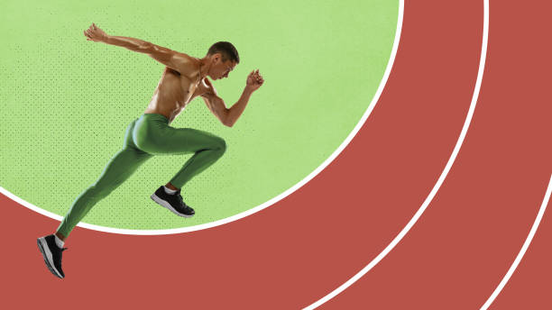 istock Young muscular man, professional runner, athlete training, running at drawn stadium. Speed and endurance. Contemporary art collage. 1478036659