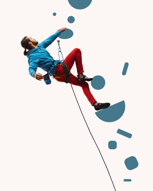 Climbing. Young man professional rock climber practicing against white background. Alpinism. Contemporary art collage.
