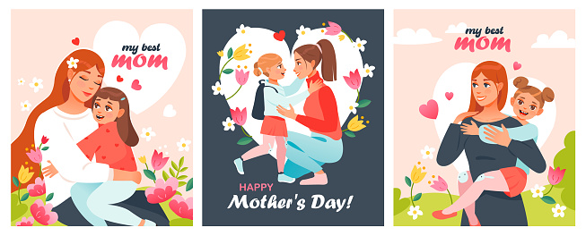 Mother's Day. Mother and daughter hug. A set of postcards for the best mom. Cartoon vector illustration