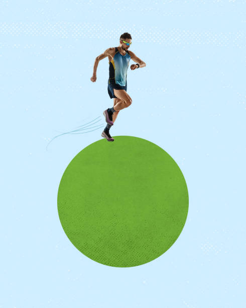 istock Sportive, muscular man, professional athlete running, training against abstract background. Developing speed. Contemporary art collage. 1478036702